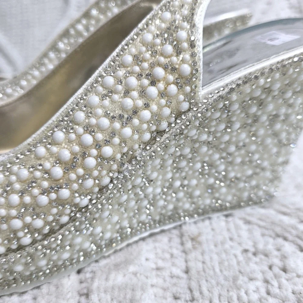 Bridal Smilees Cinderella Faux Pearl Rhinestone Wedge Sandals Heels 40 8.5-9